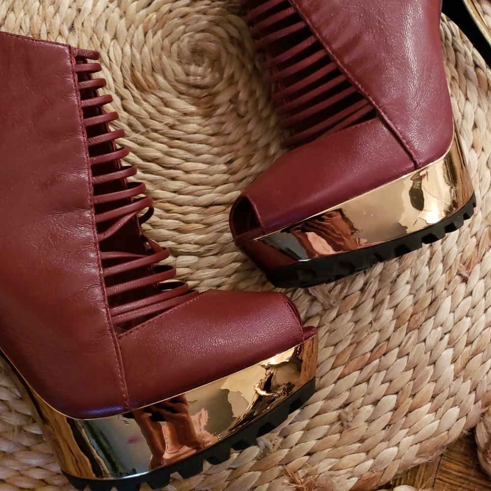 Peeptoe Oxblood Bootie Tassel Platform Heels - Picture 3 of 8